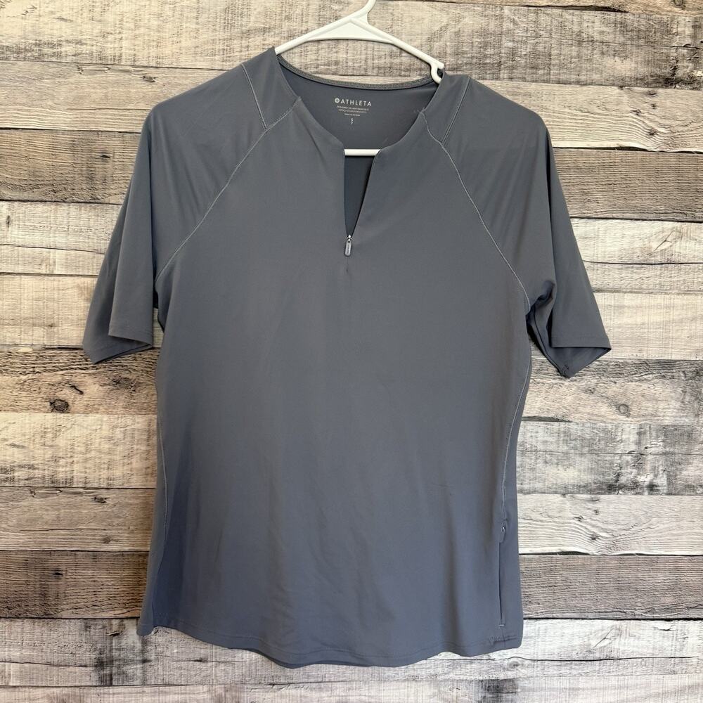 Athleta Womens Gray Short Sleeve Notched Zip Neck Athletic Top Size S